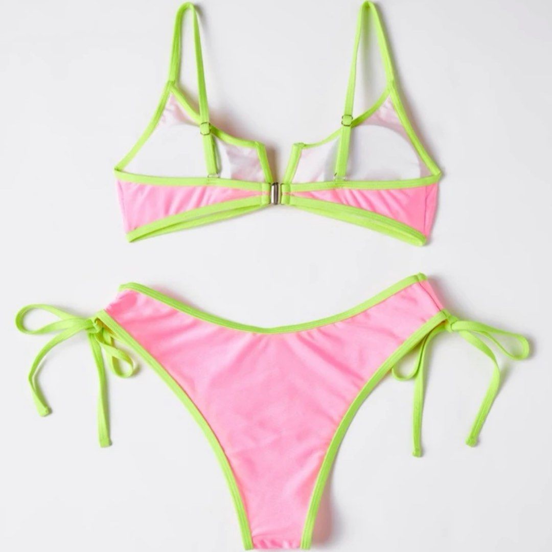 Xs Shein Neon Pink Green Tie Side Two Piece Bikini Swimsuit Women