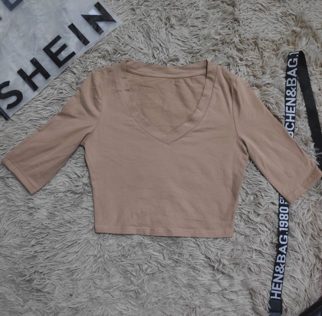 Shein Basic Solid Nude Beige Crop Top Women S Fashion Tops Others Tops On Carousell