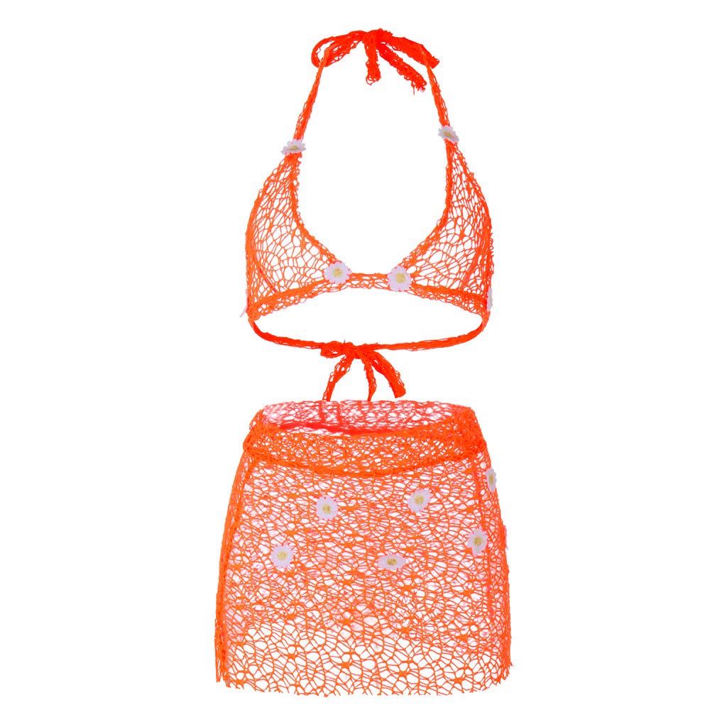 Ladymiss Women Two Piece Crochet Bikini Skirt Set Push Up Beach