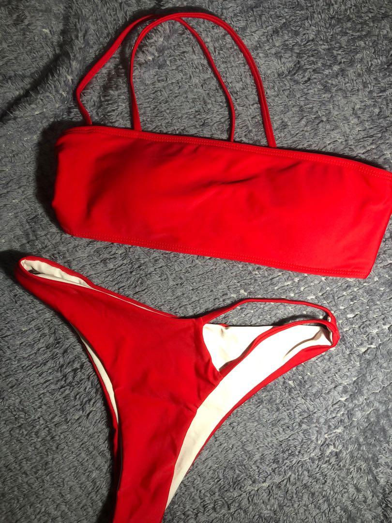 Red Geometric Bikini Set Women S Fashion Swimwear Bikinis Swimsuits On Carousell