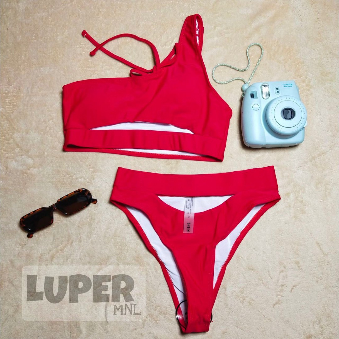 Red Cut Out One Shoulder Swimsuit Shein Bikini Women S Fashion