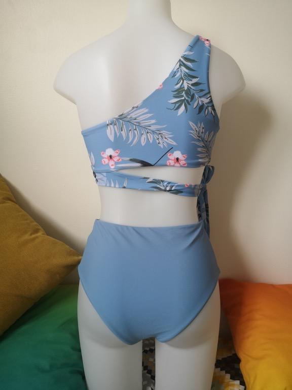 Sky Blue Single Strapped And Floral Top Sky Blue Bikini Shein