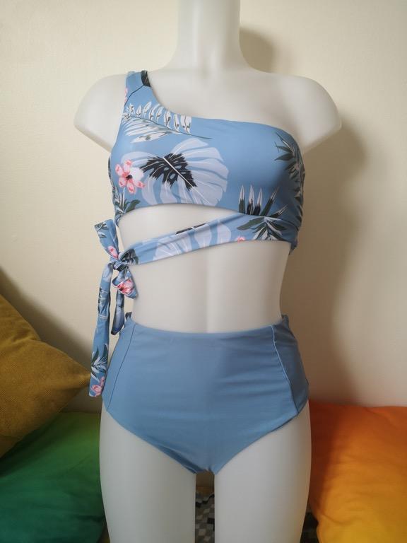 Sky Blue Single Strapped And Floral Top Sky Blue Bikini Shein