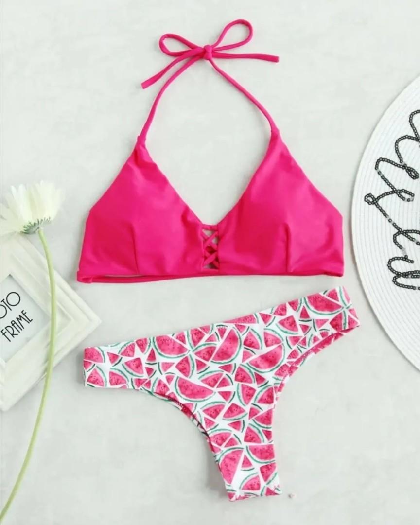 Watermelon Print Criss Cross Pink Triangle Bikini Set Women S Fashion