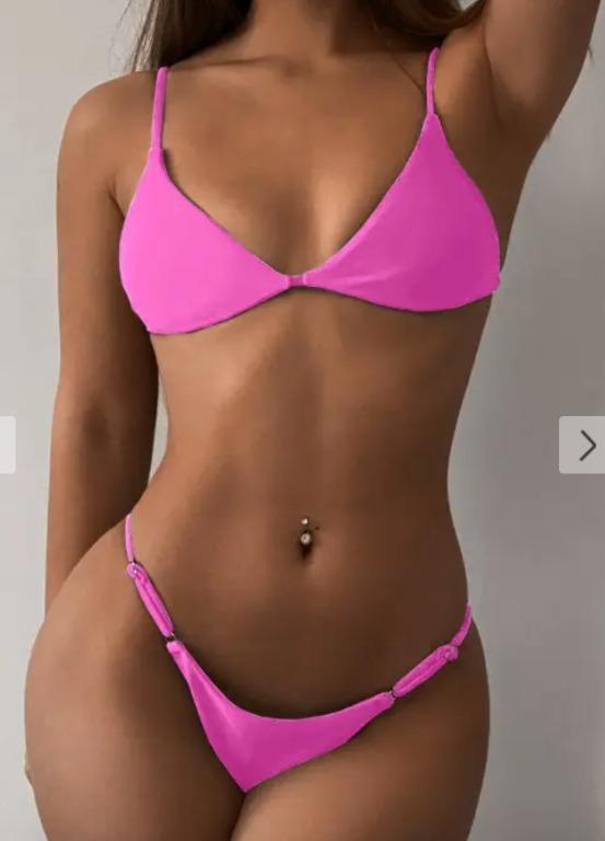 Zaful Padded Plain String Bikini Swimsuit Hot Pink Women S Fashion