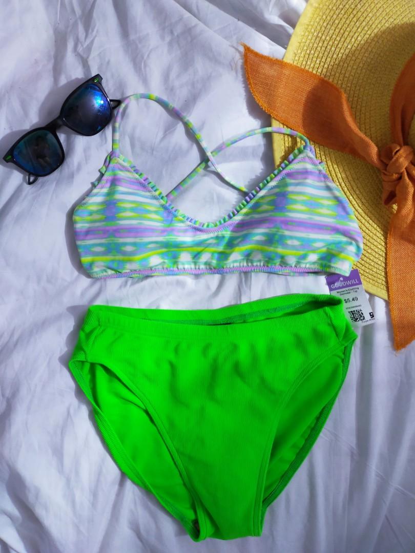 Two Piece Neon Green Bikini Swimsuit Women S Fashion Swimwear