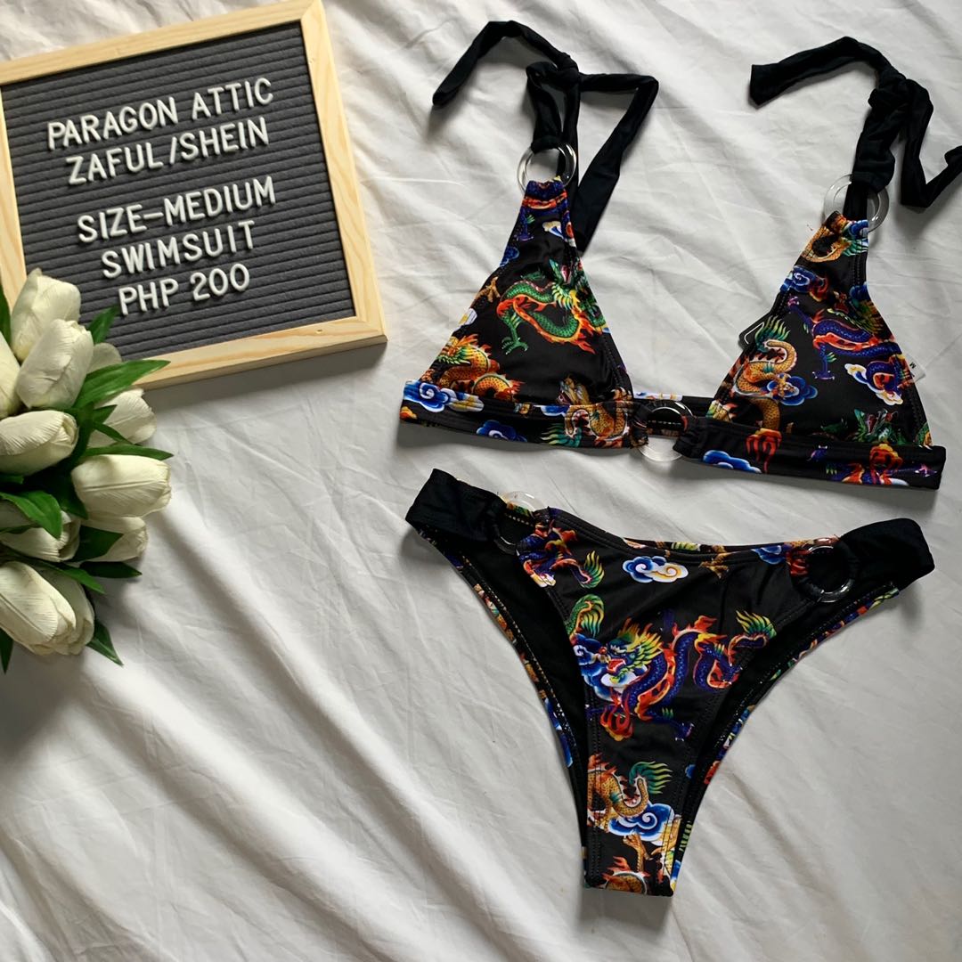 Shein Dragon Print Triangle Shoulder Tie Bikini Swimwear Women S