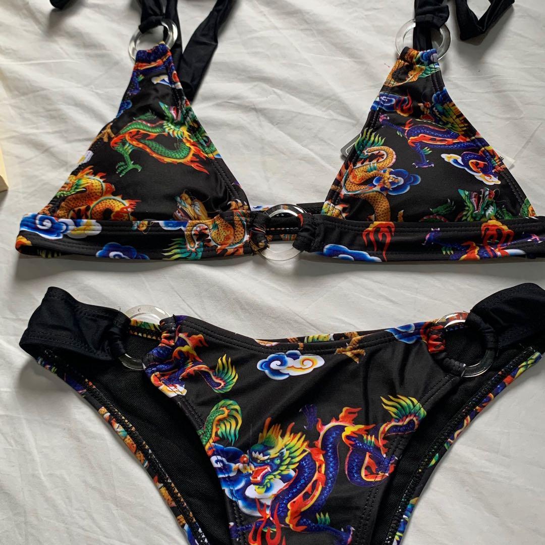 Shein Dragon Print Triangle Shoulder Tie Bikini Swimwear Women S