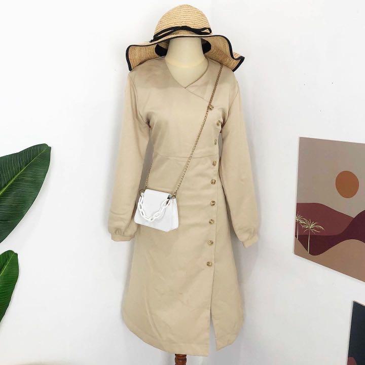Nude Button Side Mididress Midi Dress Office Long Sleeve Fesyen Wanita