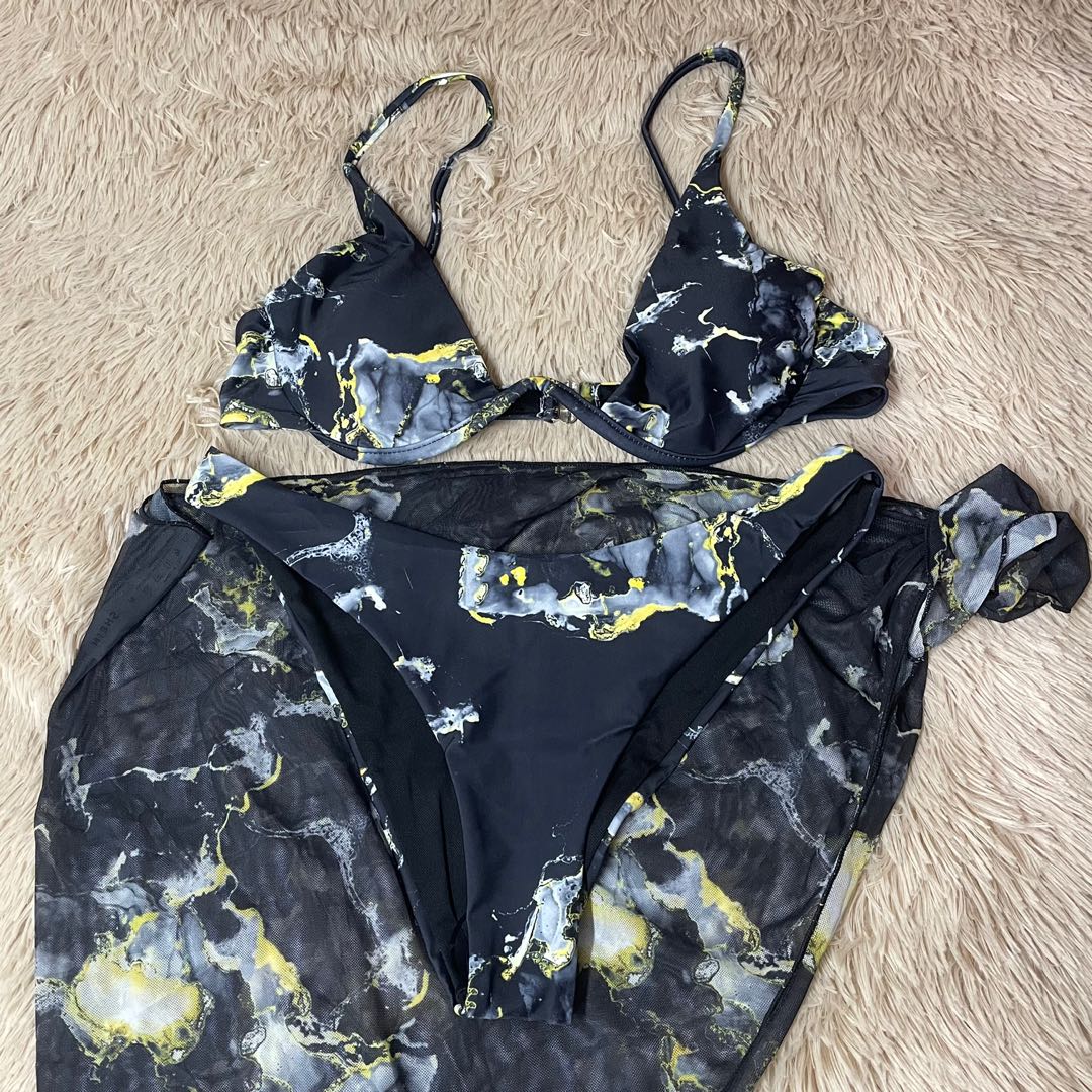 M Shein Black Abstract Marble Underwire Bikini Swimwear In Women