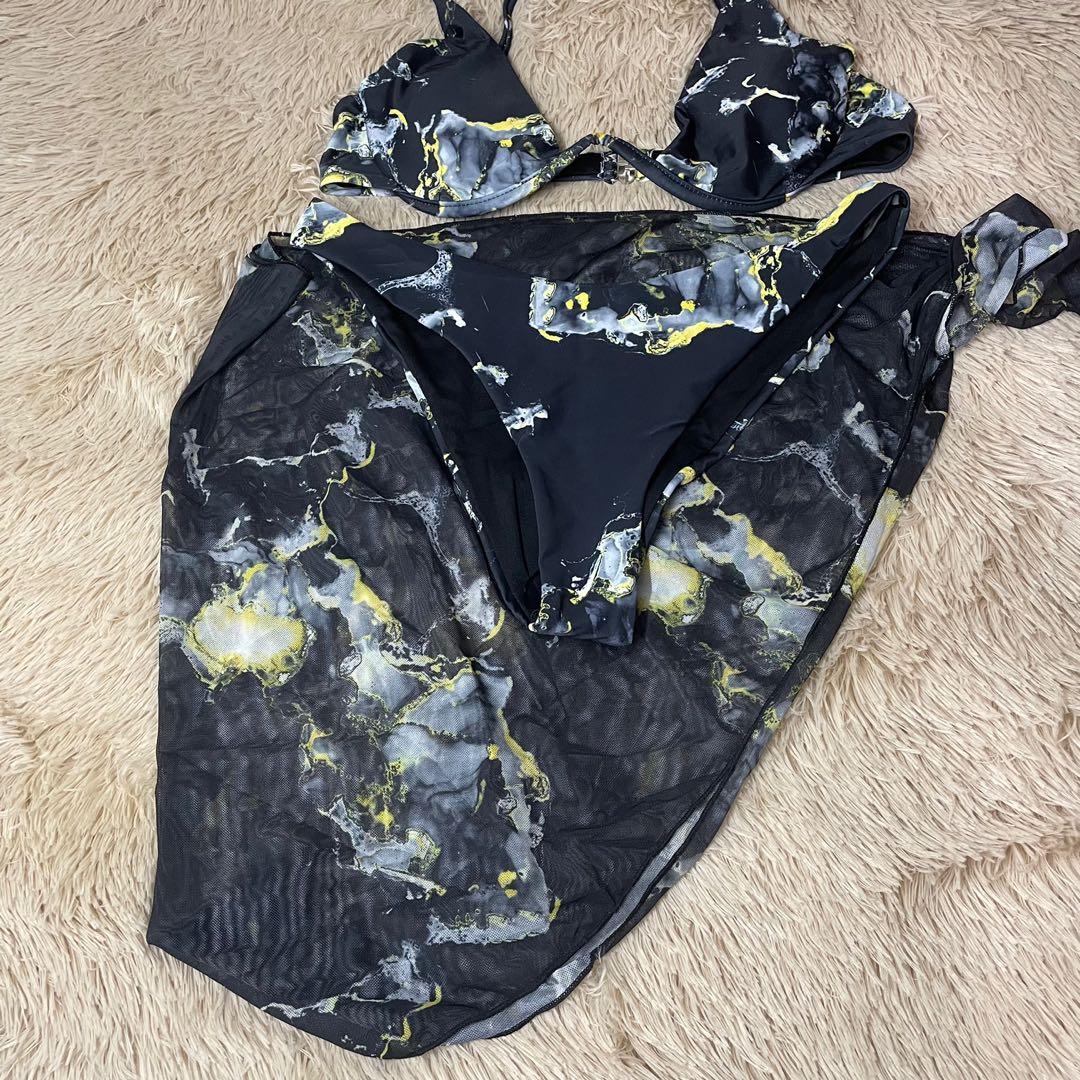 M Shein Black Abstract Marble Underwire Bikini Swimwear In Women