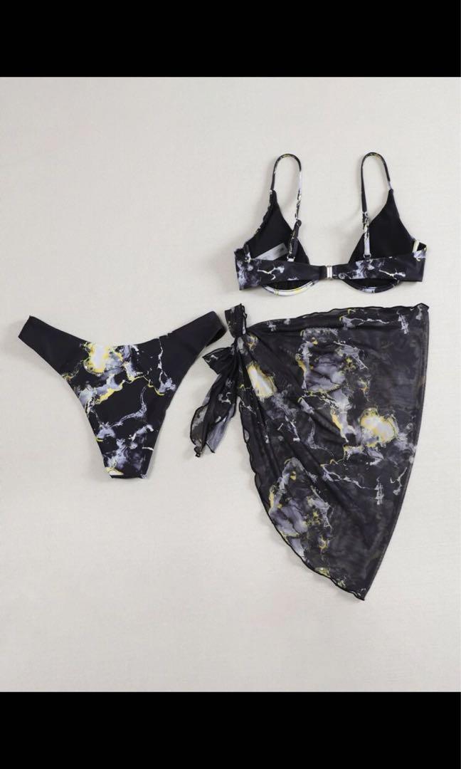 M Shein Black Abstract Marble Underwire Bikini Swimwear In Women