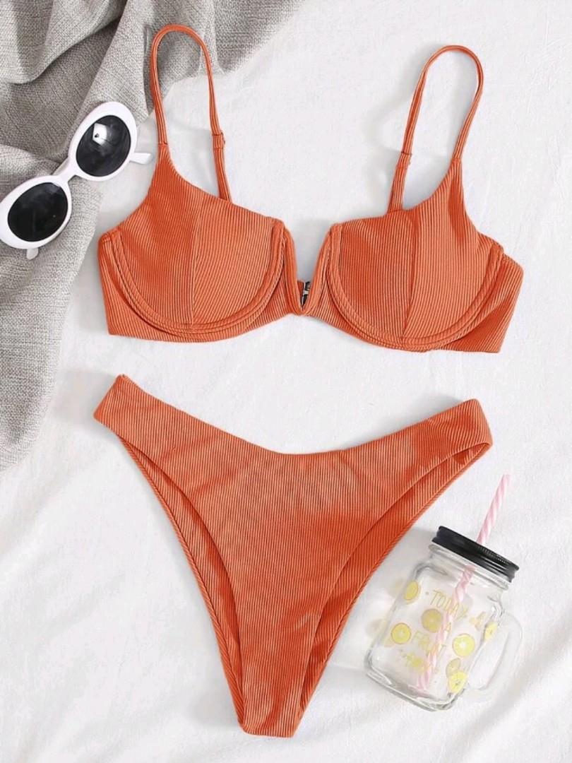 Shein Orange Rib V Wired Underwire High Cut Bikini Swimsuit Women S
