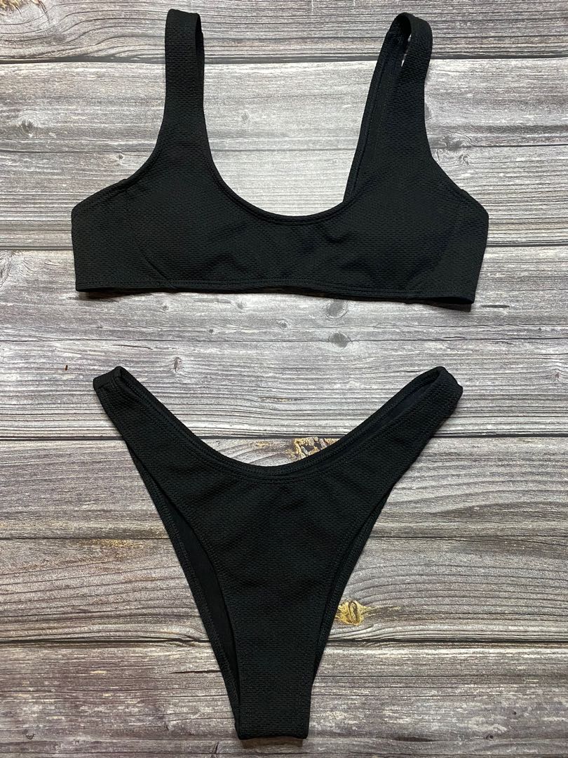 Shein Black Ribbed Highcut Bikini Women S Fashion Swimwear Bikinis