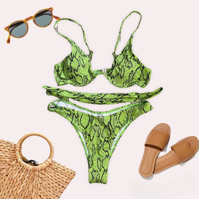 Zaful Snake Print High Cut Bikini Set Emerald Green L Women S
