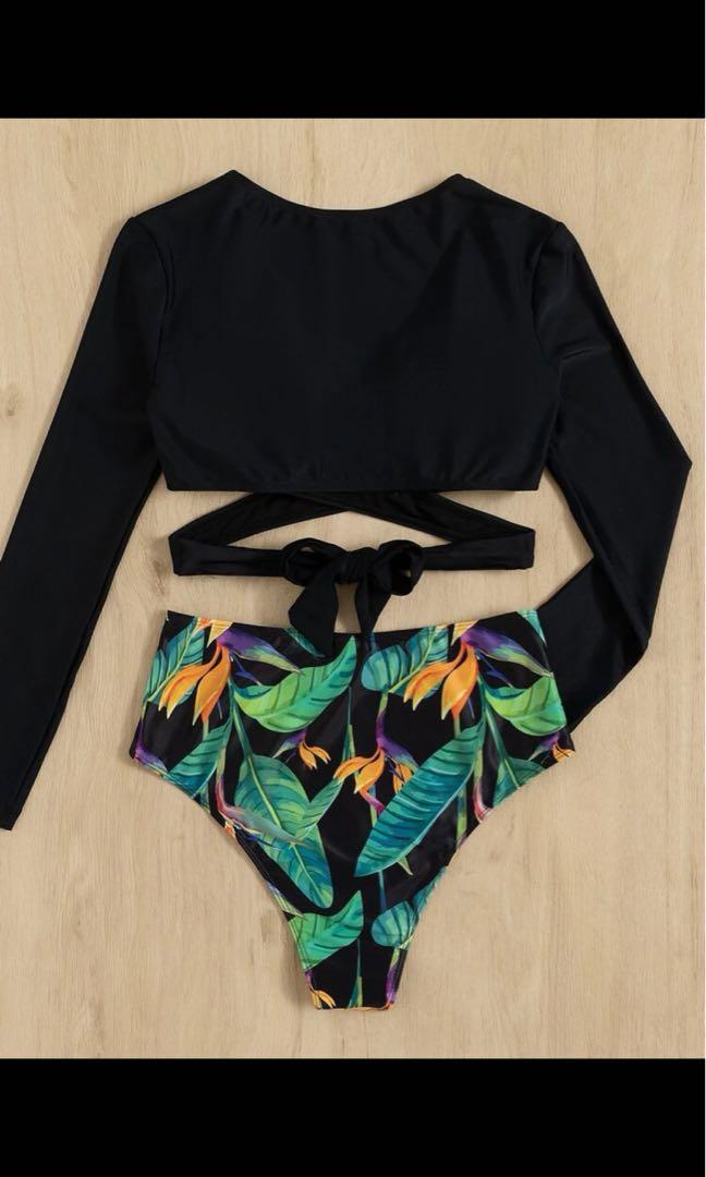 Shein Plant Print Wrap Ladder Cut Out Bikini Swimsuit Women S