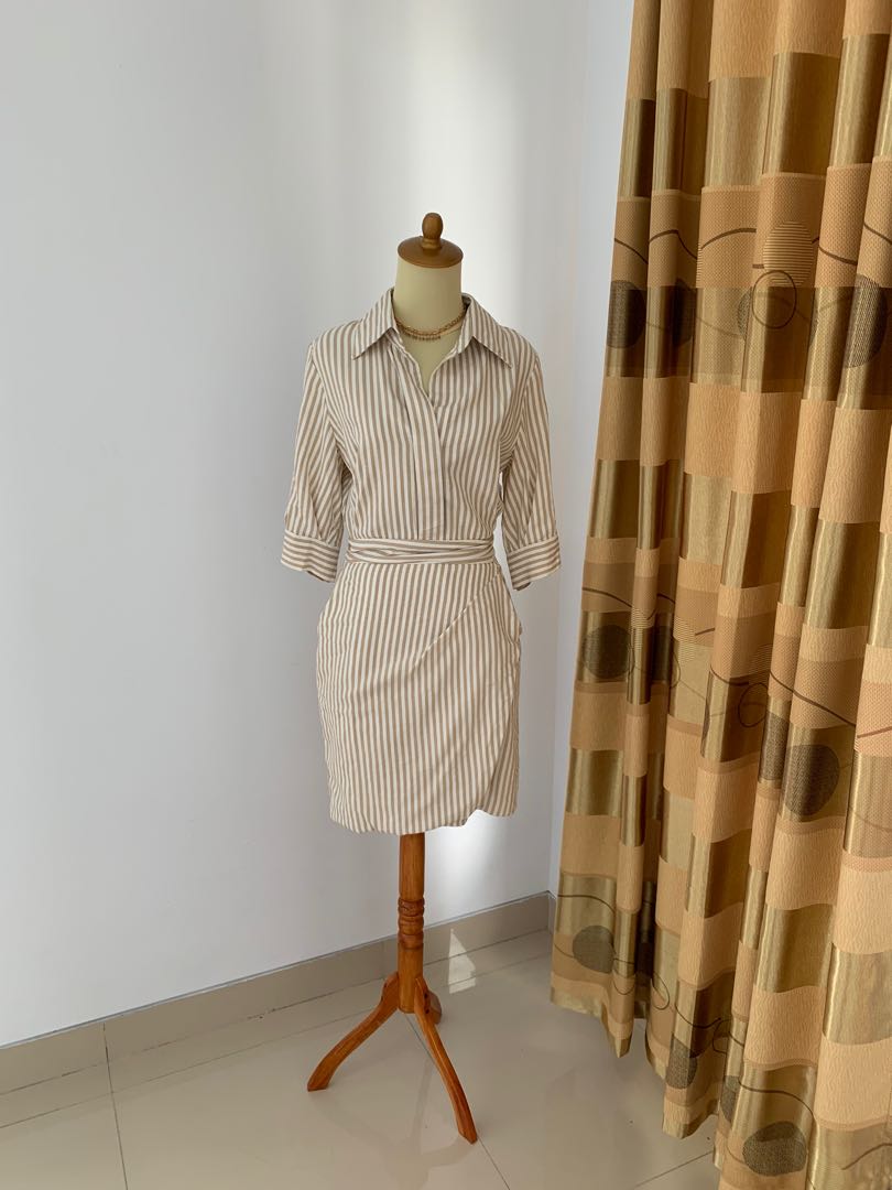 Korean Thrift Midi Dress Preloved Salur Nude Fesyen Wanita Pakaian