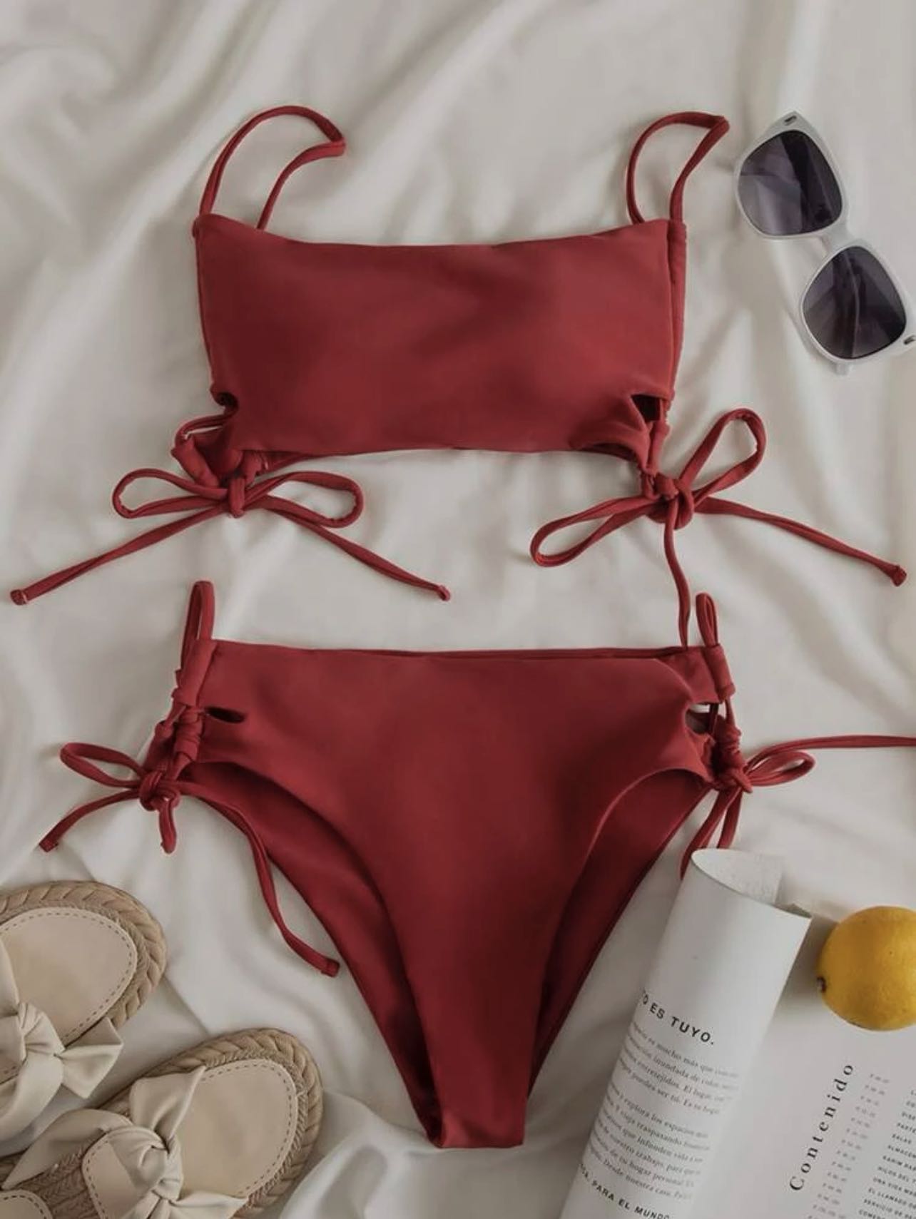 BNIB Drawstring Tube High Cut Bikini Set In Cherry Red Women S Fashion Swimwear Bikinis