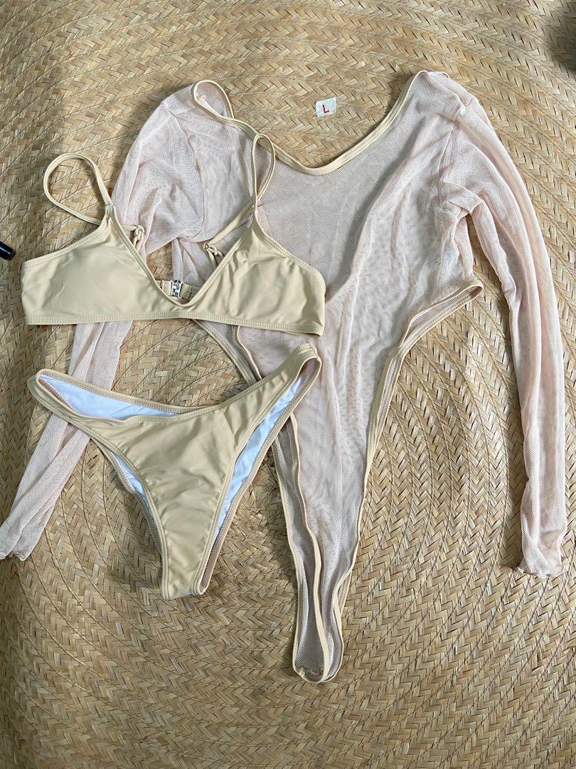 Large Shein Nude 3in1 With Cover Up Swimsuit Swimwear Two Piece Women