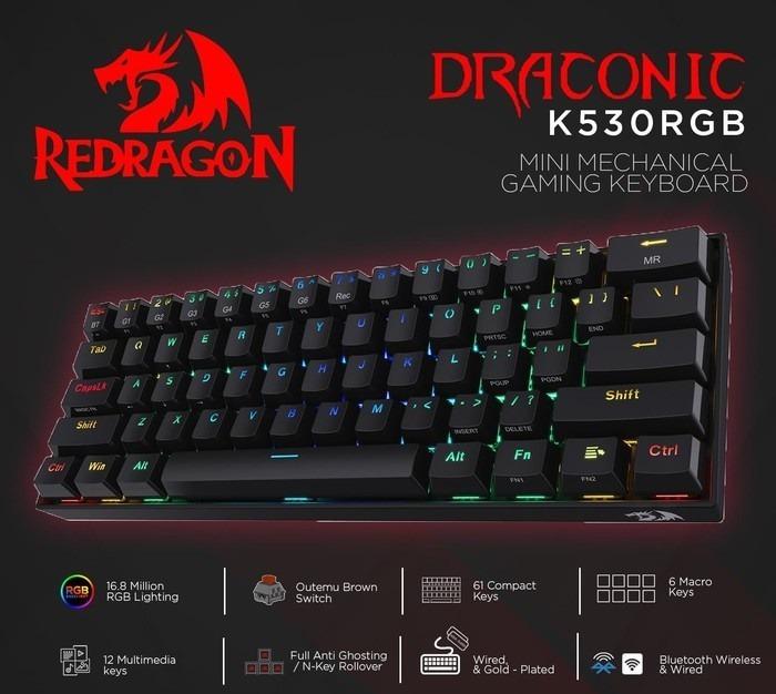 Redragon K Draconic Compact RGB Wireless Mechanical Keyboard Brown Switch Hot Swappable