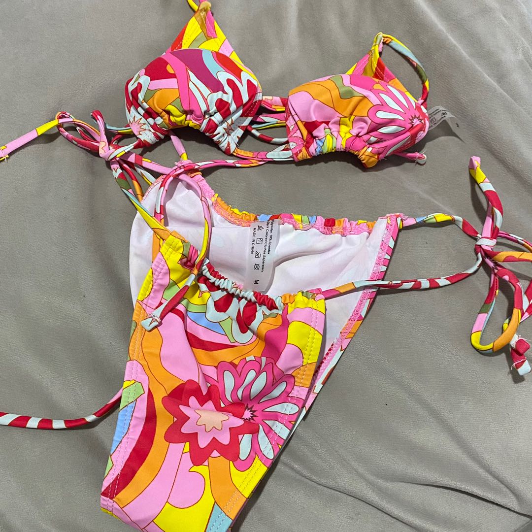 Shein 3 Piece Bikini Set Pink Floral Women S Fashion Swimwear