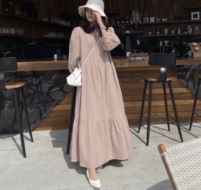 Mididress Warna Nude Bahan Linen Fesyen Wanita Muslim Fashion Gaun