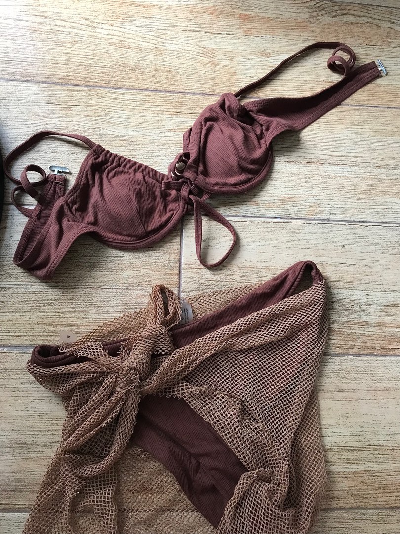Brown Bikini With Sheer Mesh Cover Up Women S Fashion Swimwear Bikinis Swimsuits On Carousell