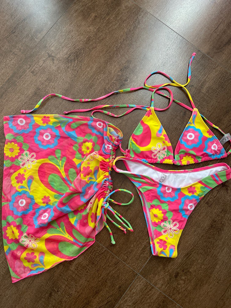Pink Floral Print Triangle Bikini Set Women S Fashion Swimwear