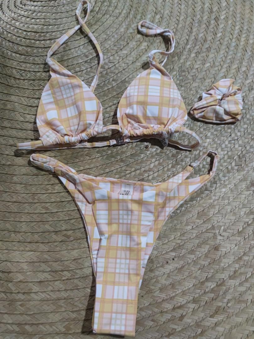 Plaid Yellow Triangle Bikini With Scrunchie Women S Fashion Swimwear Bikinis Swimsuits On