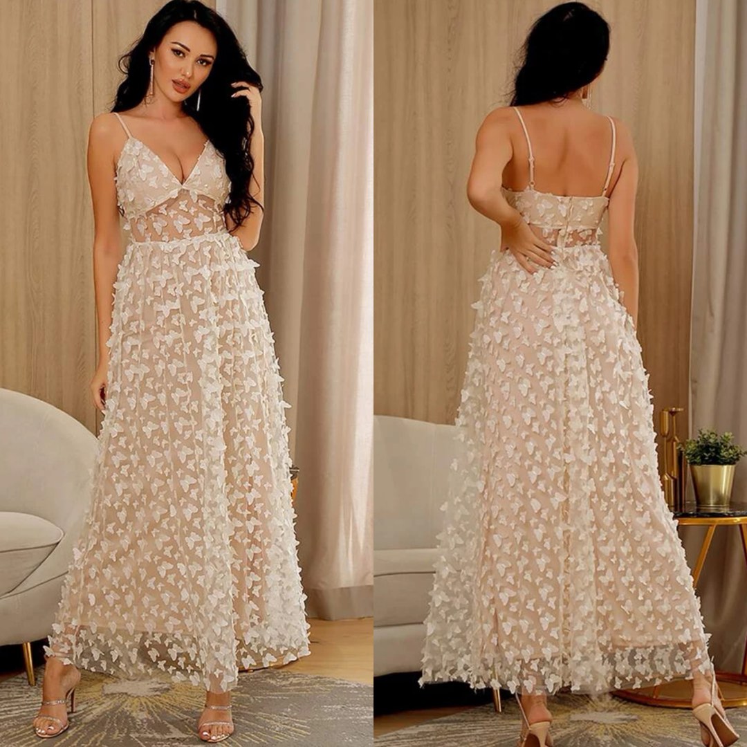 Shein Nude Beige Butterfly Long Gown Women S Fashion Dresses Sets