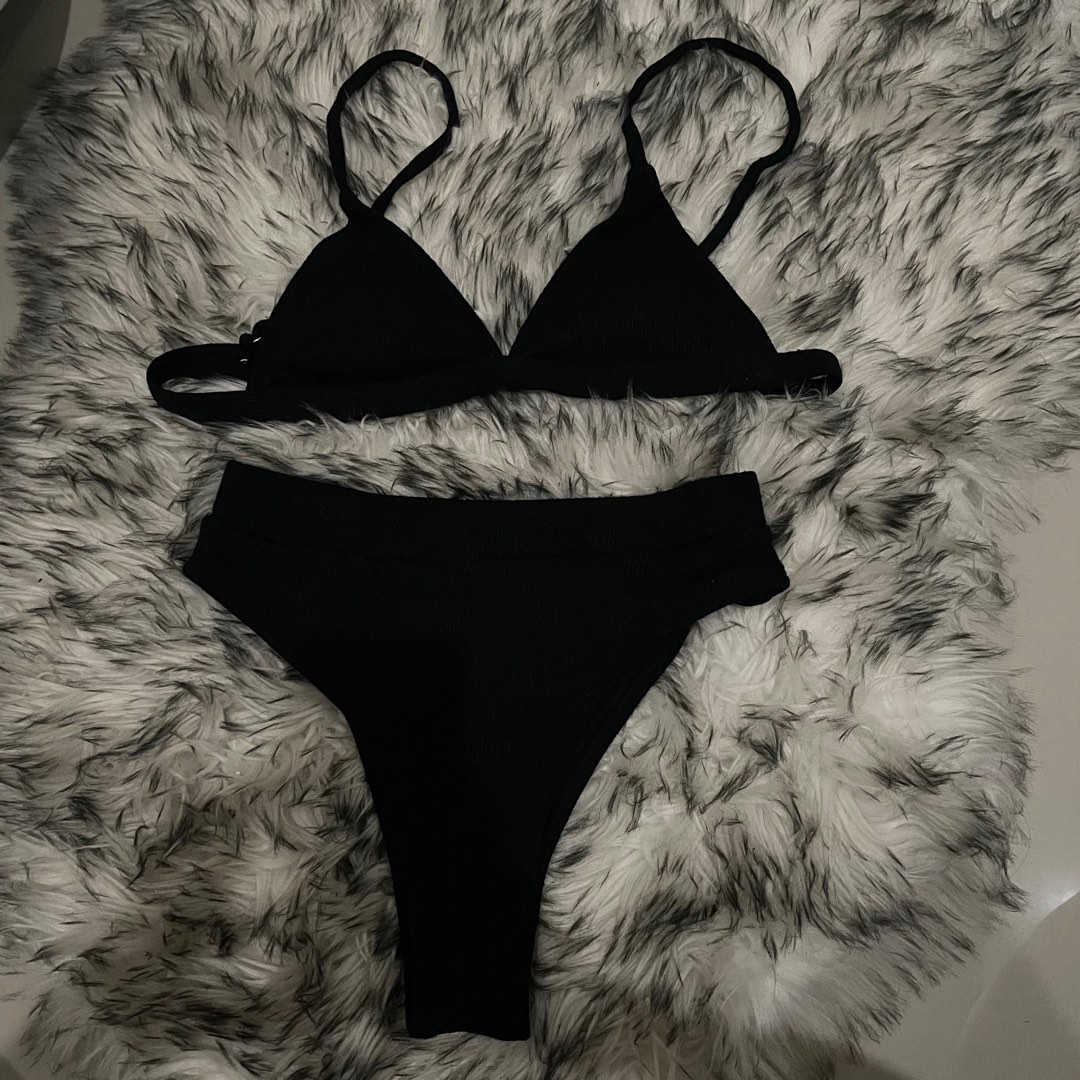 Shein Black Rib Triangle Bikini Set Women S Fashion Swimwear Bikinis
