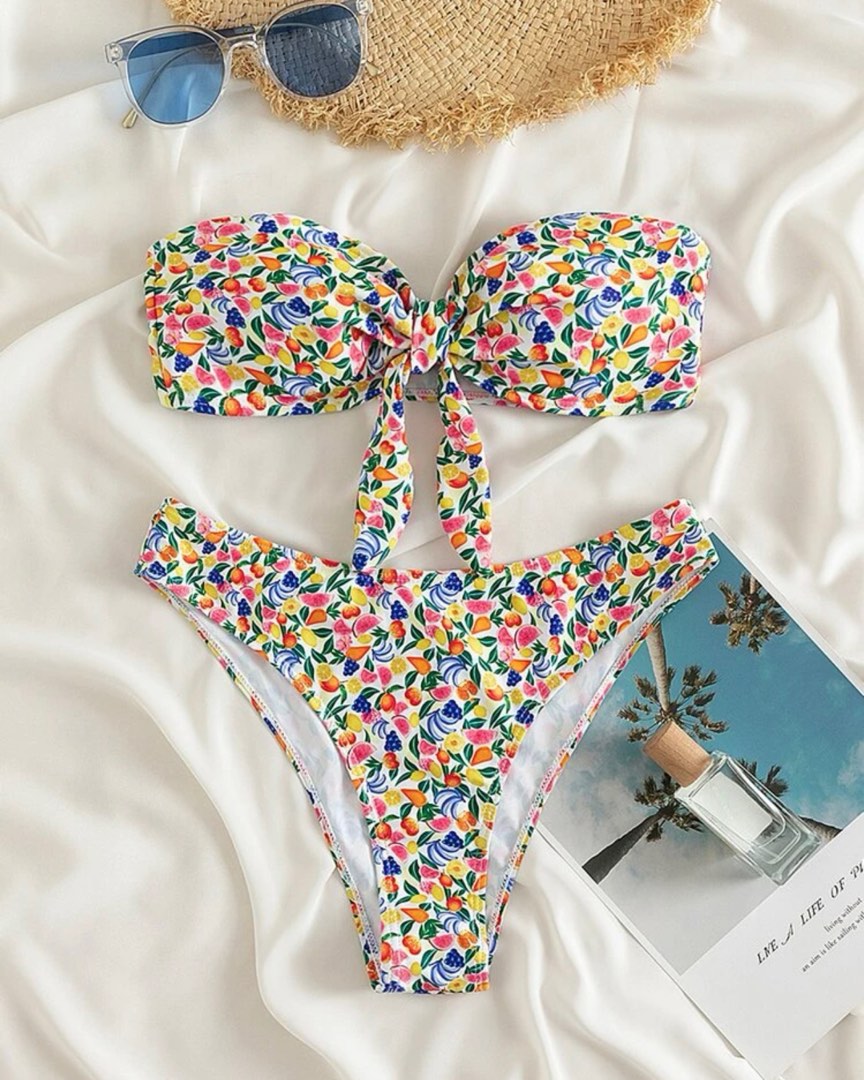 Floral Fruity Bandeau Bikini Set Women S Fashion Swimwear Bikinis Swimsuits On Carousell