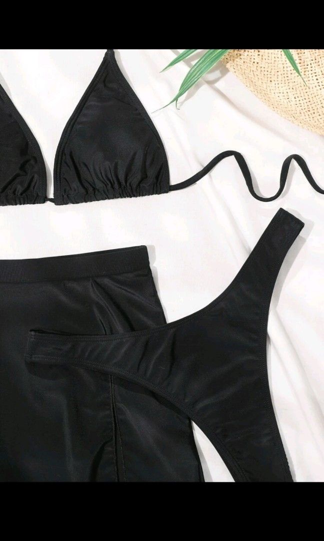 Plain Halter Triangle Bikini Swimsuit With Beach Skirt Women S Fashion Swimwear Bikinis