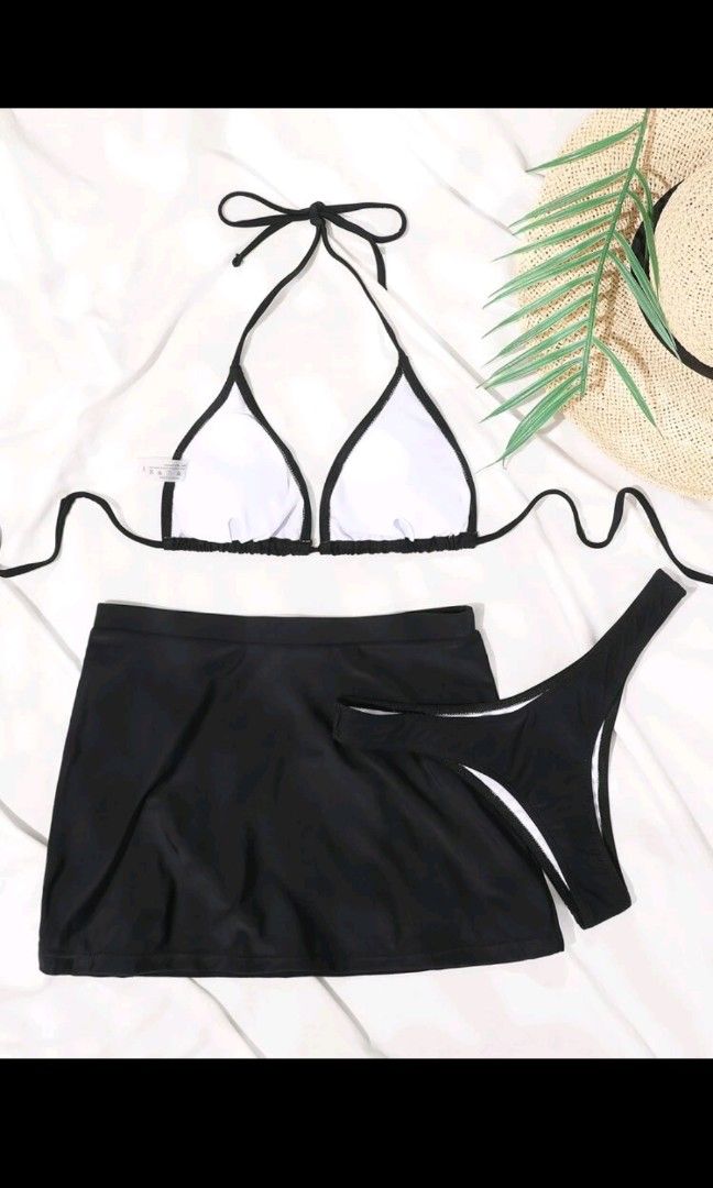 Plain Halter Triangle Bikini Swimsuit With Beach Skirt Women S Fashion