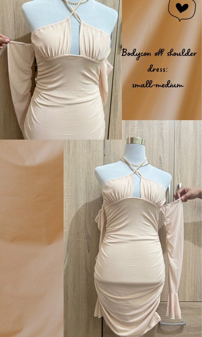 Shein Nude Beige Offshoulder Bodycon Mesh Self Tie Dress Women S Fashion Dresses Sets