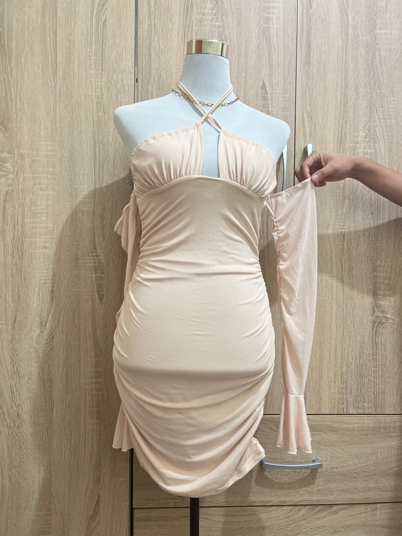 Shein Nude Beige Offshoulder Bodycon Mesh Self Tie Dress Women S Fashion Dresses Sets