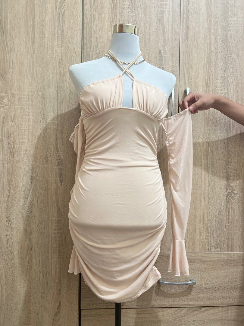 Shein Nude Beige Offshoulder Bodycon Mesh Self Tie Dress Women S Fashion Dresses Sets