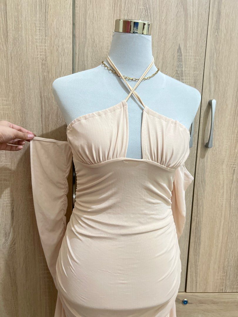 Shein Nude Beige Offshoulder Bodycon Mesh Self Tie Dress Women S Fashion Dresses Sets