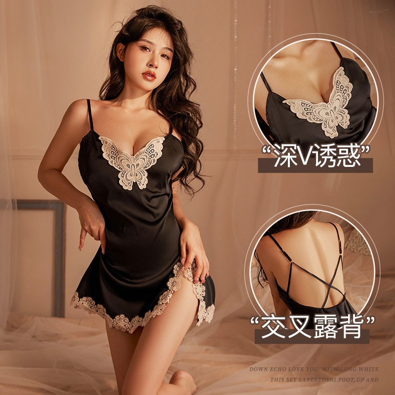 Sexy Low Cut Butterfly Lace Satin Night Gown Women Lingerie Women S Fashion New