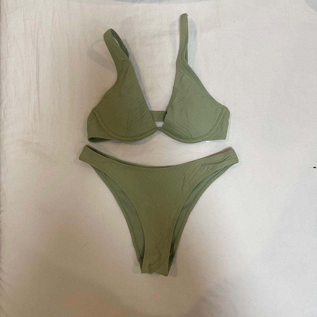 H M Sage Green Bikini Set Women S Fashion Swimwear Bikinis Swimsuits On Carousell