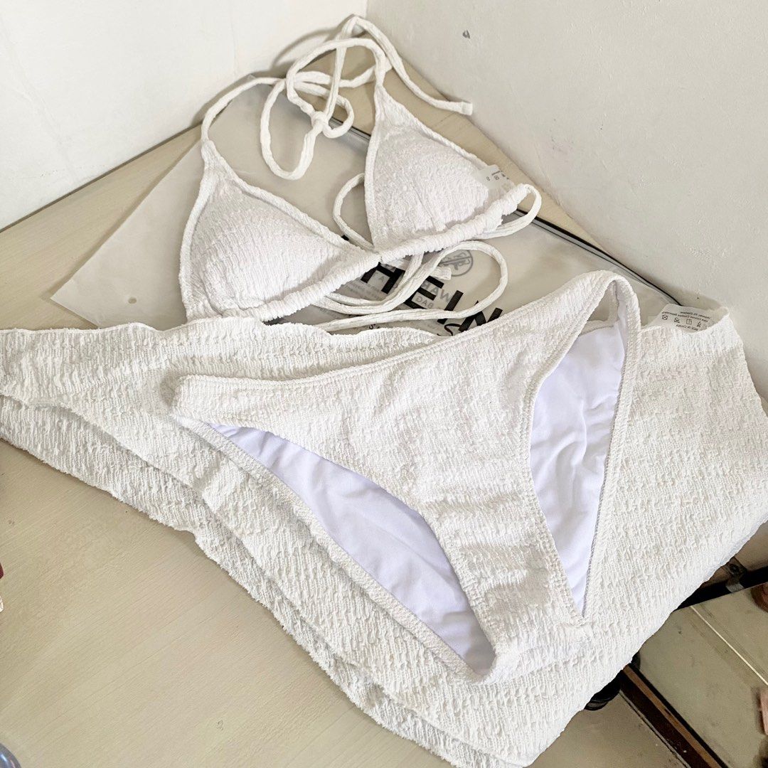 White Bikini Two Piece Swimsuit With Tie Around Cover Up Women S Fashion Swimwear Bikinis