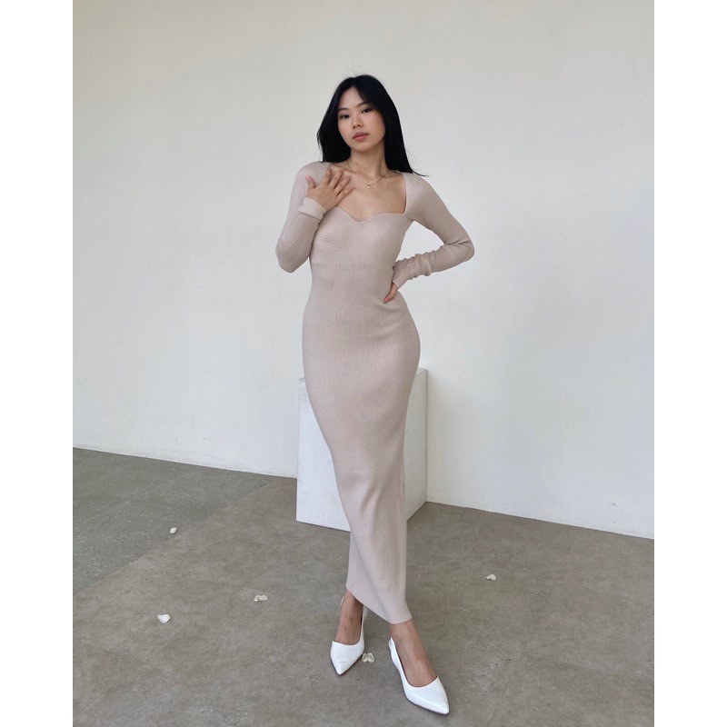 Longsleeve Maxi Knit Dress Long Knit Dress In Cream Nude By Monrine
