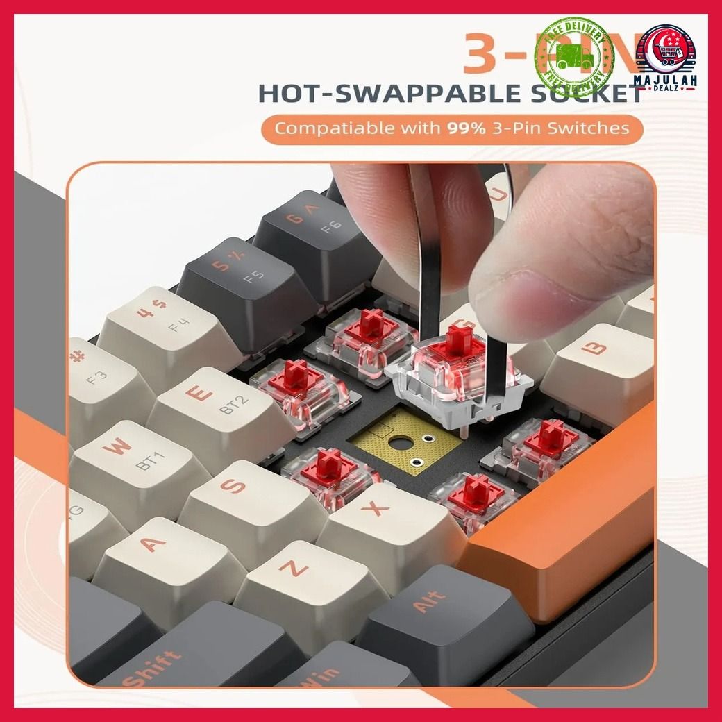 60 Wireless Mechanical Keyboard Bluetooth Dual Mode Hot Swappable Mini 68 Key Red Switch For PC