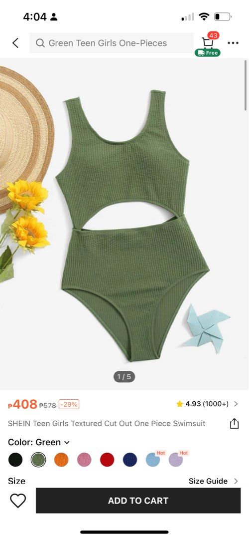 Shein Cut Out One Piece Green Bikini Women S Fashion Swimwear