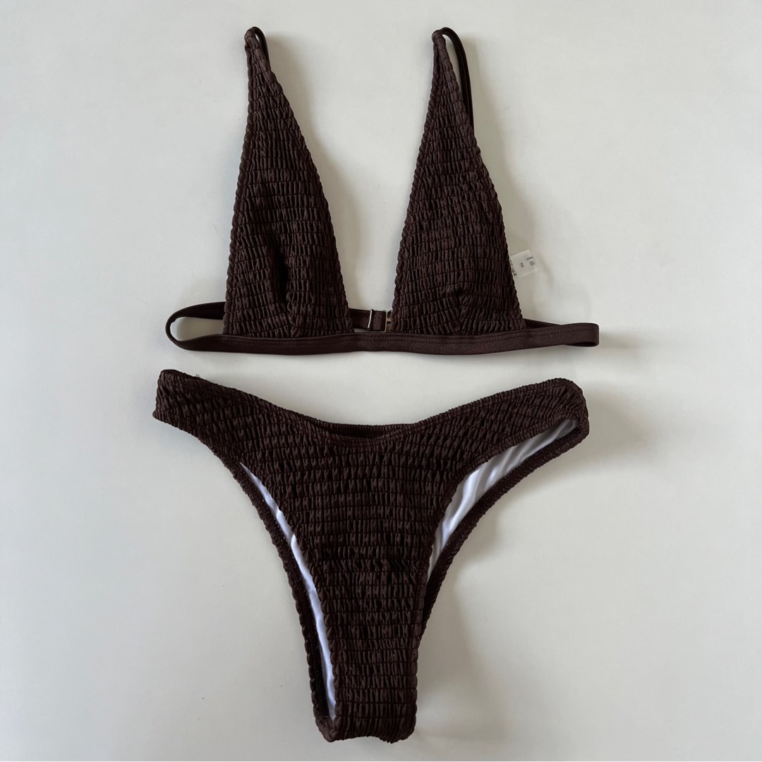 Shein Swim Basics Brown Solid Bikini Set Smocked V Neck Top High Cut