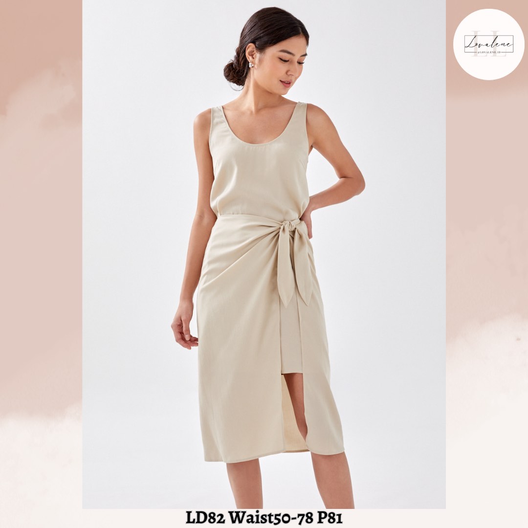 Love Bonito Wavie Front Tie Knot Dress Terusan Original Nude Beige
