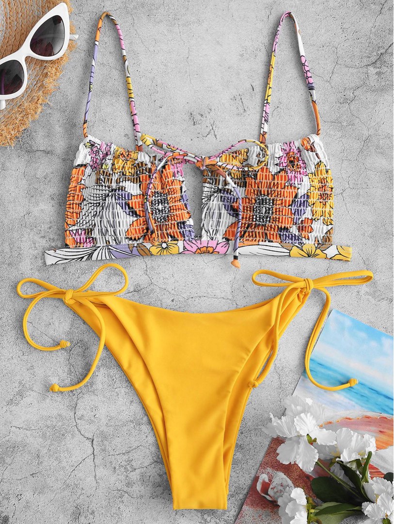 Zaful Flower Smocked Cutout String Bikini Swimwear Sun Yellow Women