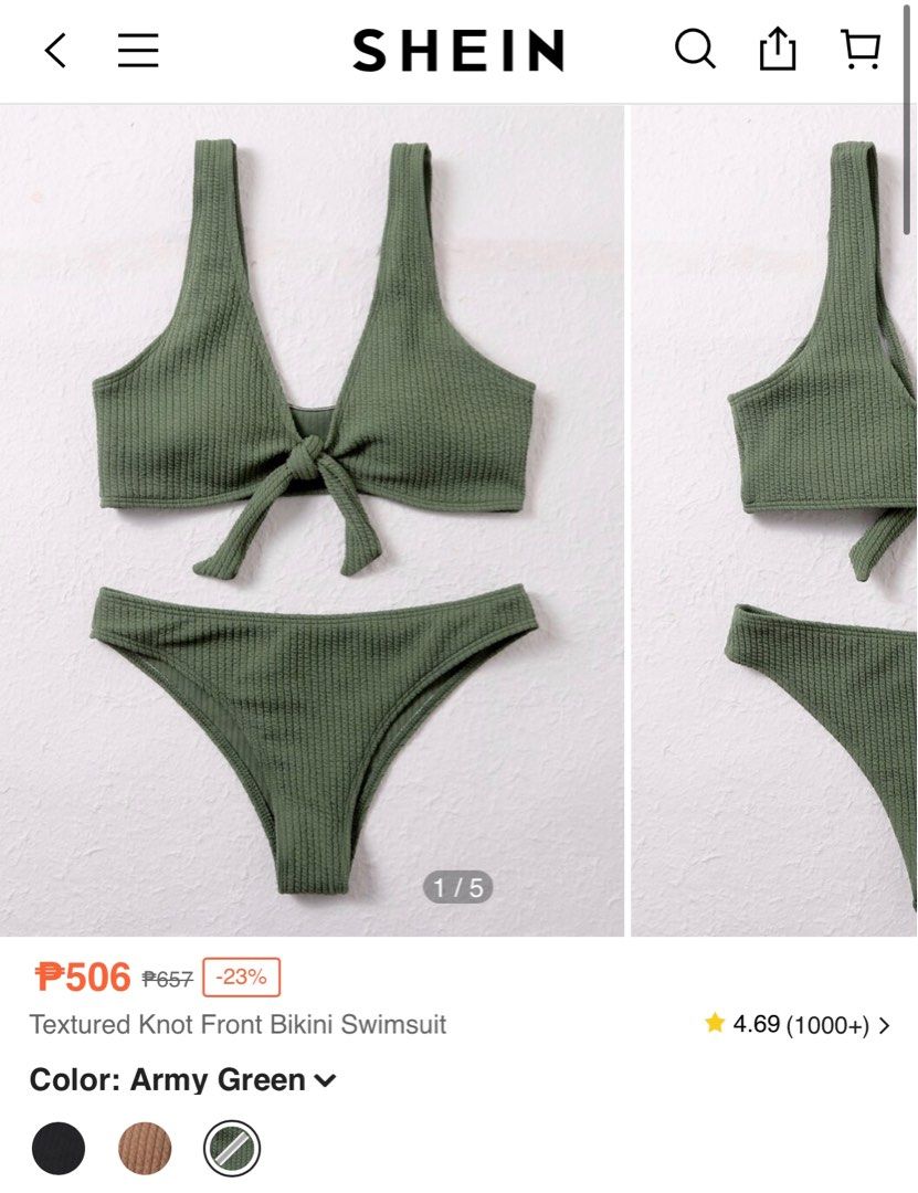 Shein Army Green Textured Knot Front Bikini Swimsuit Women S Fashion