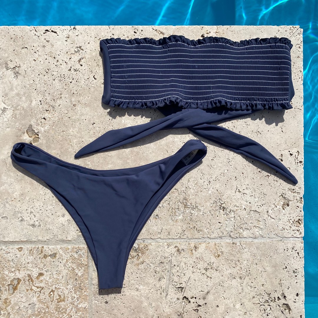 Navy Shirred Bandeau Bikini Top And Cheeky Bikini Bottoms Set Women S
