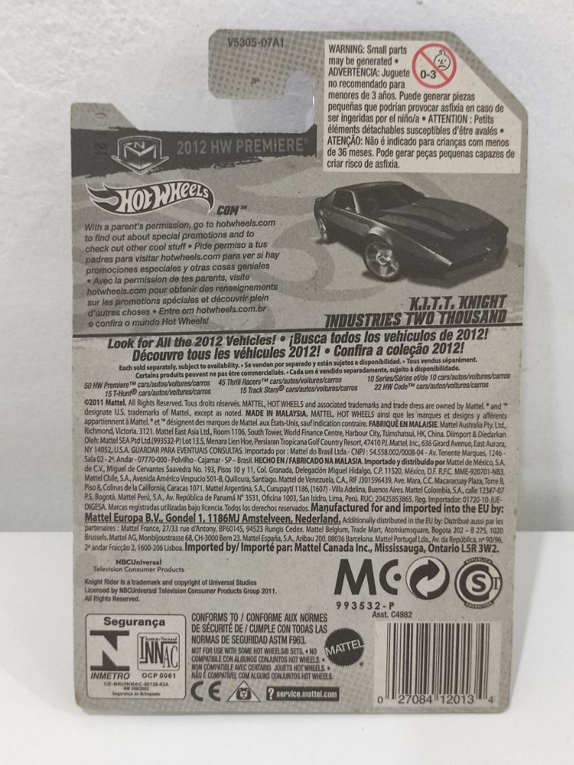 Hot Wheels Kitt Knight Rider Knight Industries Two Thousand K I T T Bottom Card A Bit Dirty